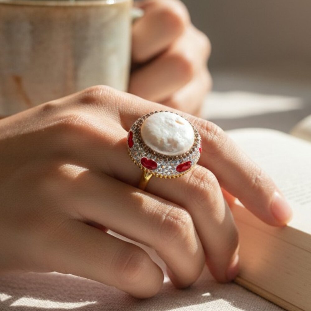 3/$35 18K Gold Plated Copper Round Open Ring White Natural Stone Rhinestone